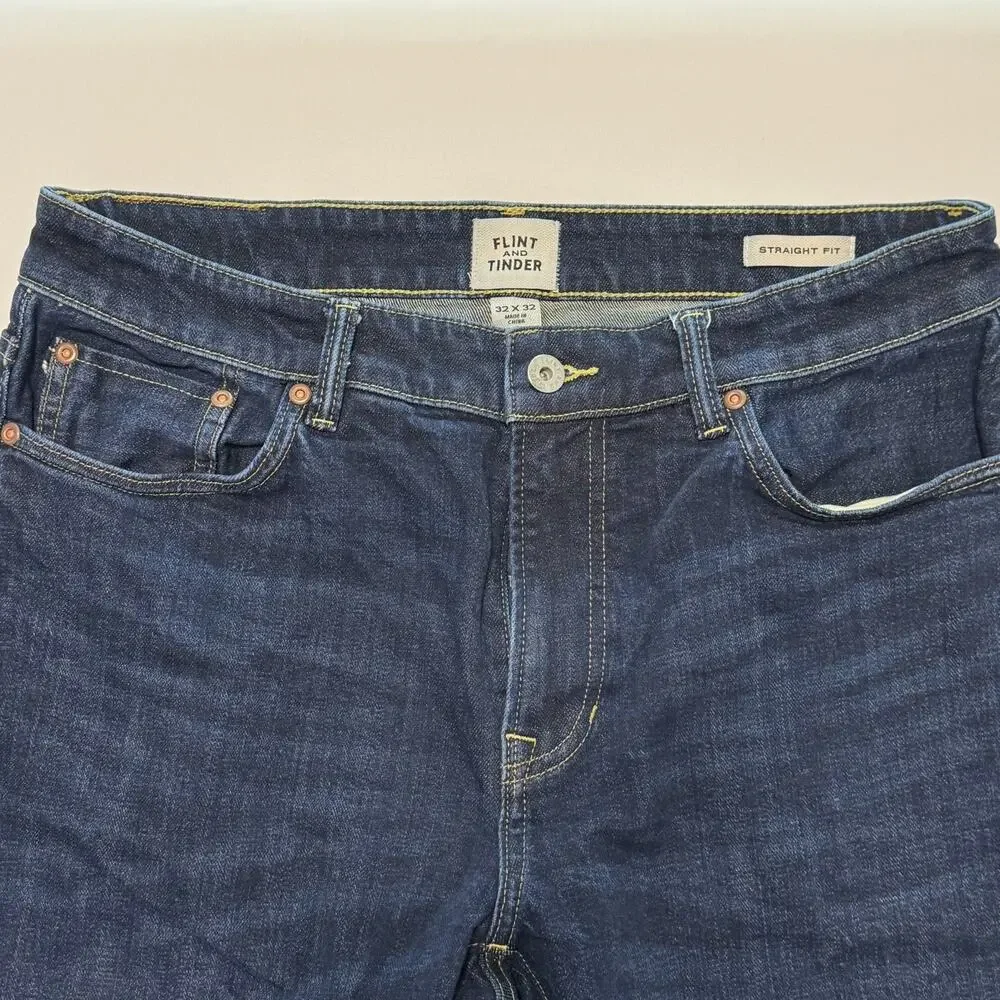 Flint and Tinder Men's Selvedge Straight Fit Dark Wash Blue Denim Jeans 32x32